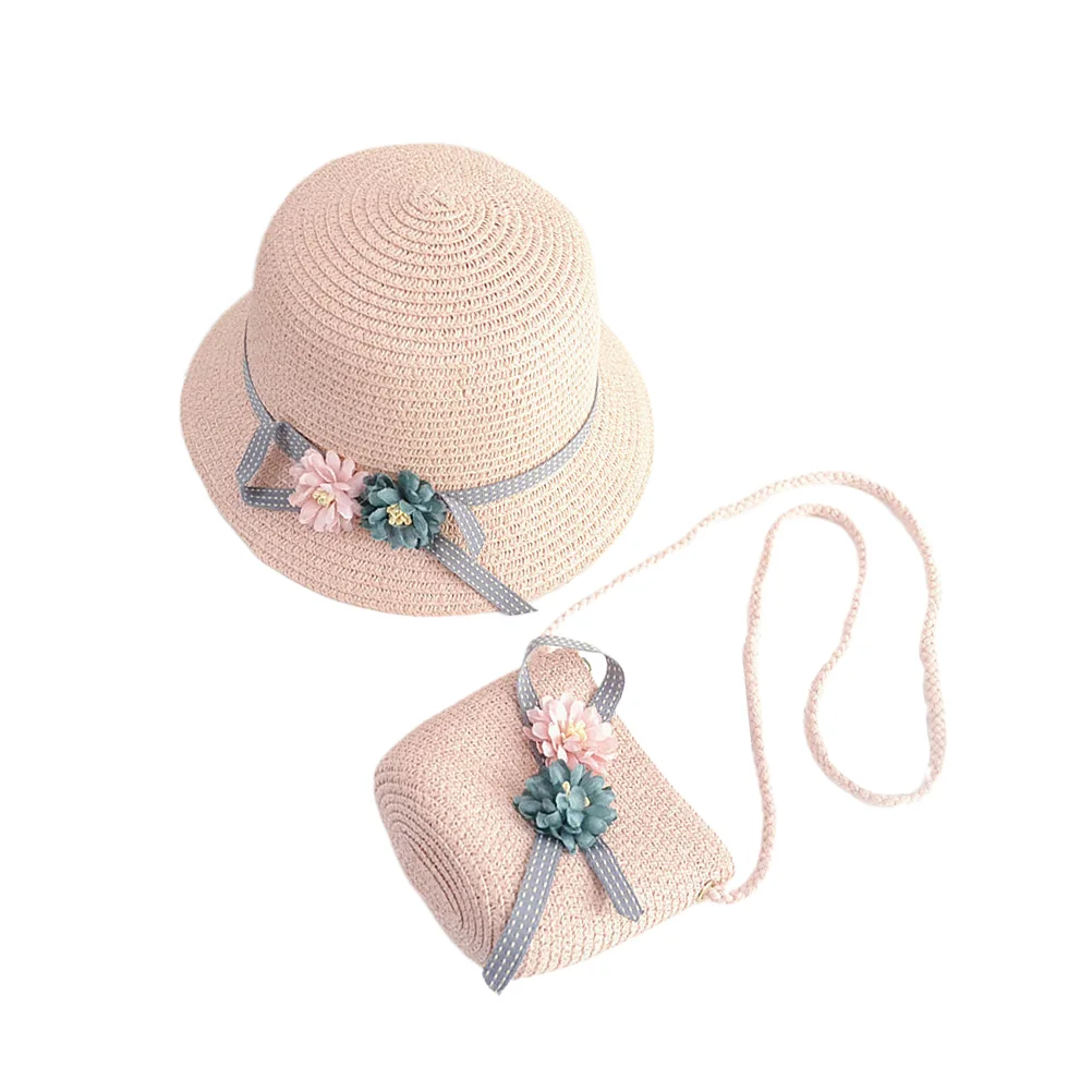 

1 Set of Kids Beach Kit Adorable Straw Hat Crossbody Bag for Little Girls (Pink)