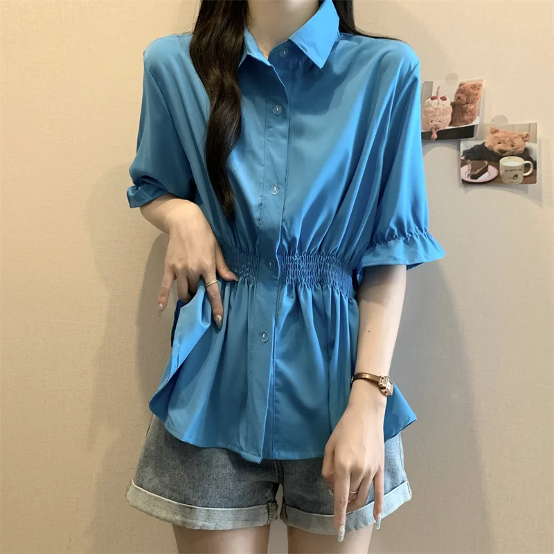 

Повседневная однотонная Свободная блузка с коротким рукавом, винтажная рубашка большого размера в стиле Харадзюку, элегантные летние женские Рубашки, Топы с расклешенным рукавом, большие размеры