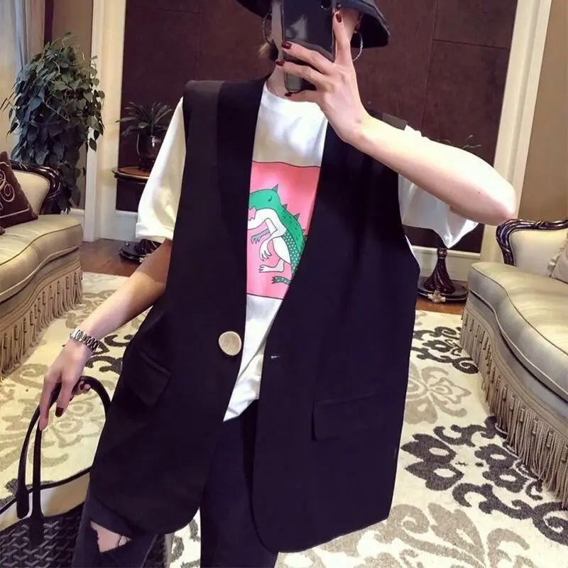 

Korean Style Black Vest for Women 2023 New Arrival Loose Sleeveless Open-front Design Office Ladies Jackets Vests Femme Q294