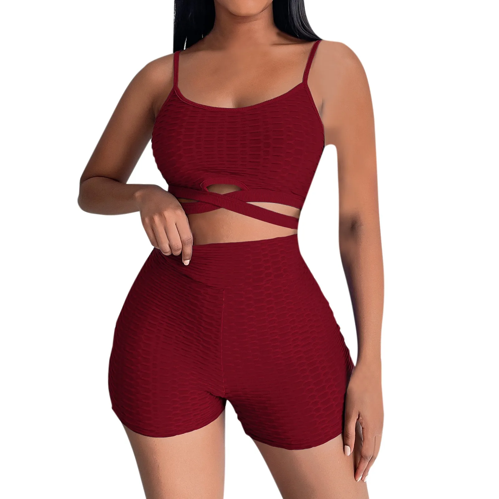 

Womens 2 Piece Workout Sets Seamless Criss Cross Strappy Ribbed Crop Top High Waisted Shorts Outfits Tracksuit Gym Clothing Set
