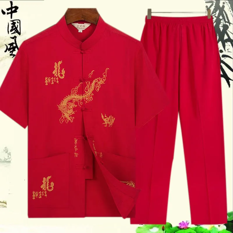 Traditional Chinese Men Embroidery Tang Suit Short Sleeve Taichi Uniform Cotton Dragon Wushu Clothing Loose Male Kung Fu Shirt tai chi clothing chinese men hanfu top