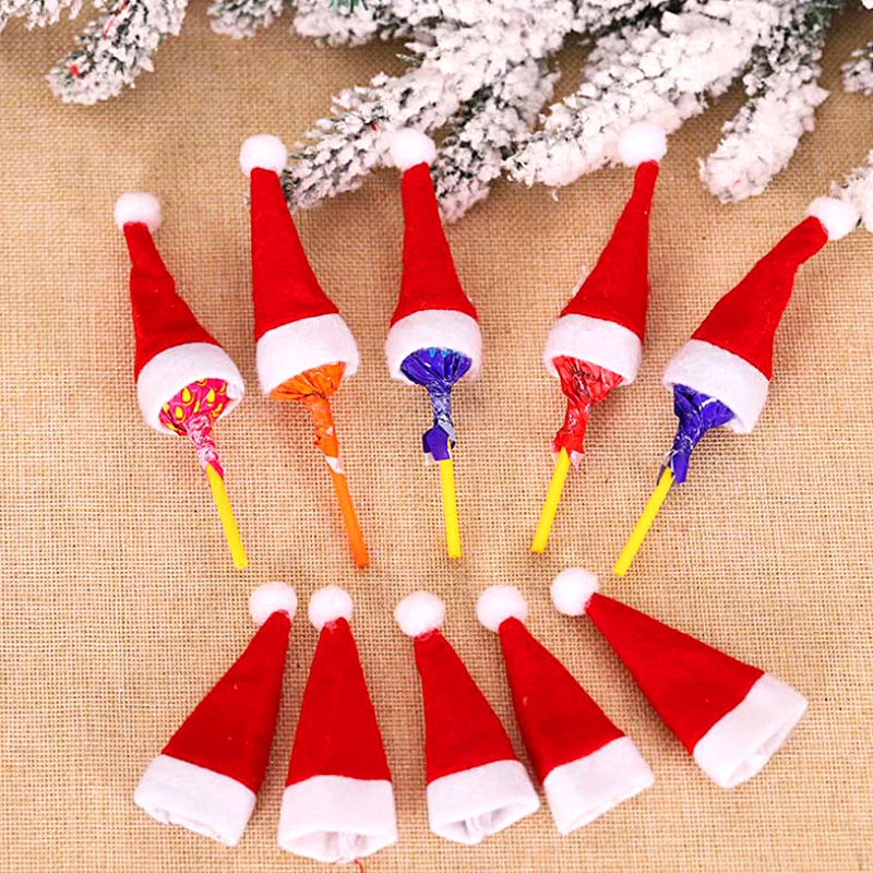 40pcs Mini Santa Hats Lollipops Christmas Decorations DIY Holiday Packaging Accessories Candy Santa Claus Caps Party Decoration