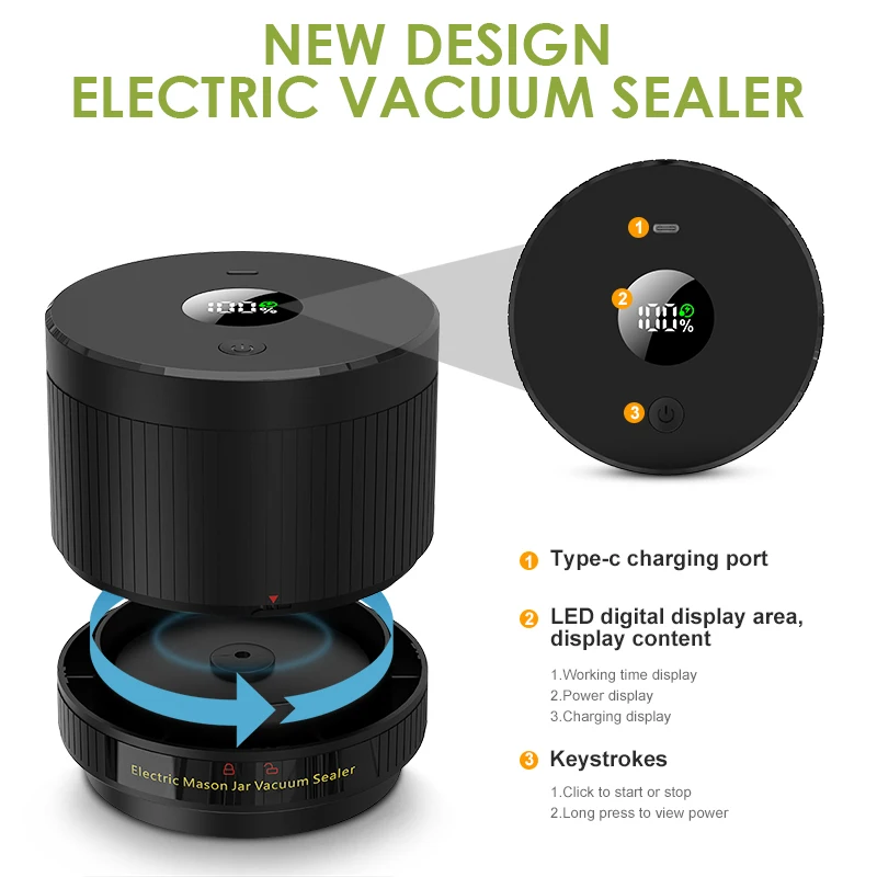 Wancle Electric Mason Jar Vacuum Sealer LCD Digital Display Cordless Vacuum Sealer Kit for Wide and Regular Mouth Mason Jars 3