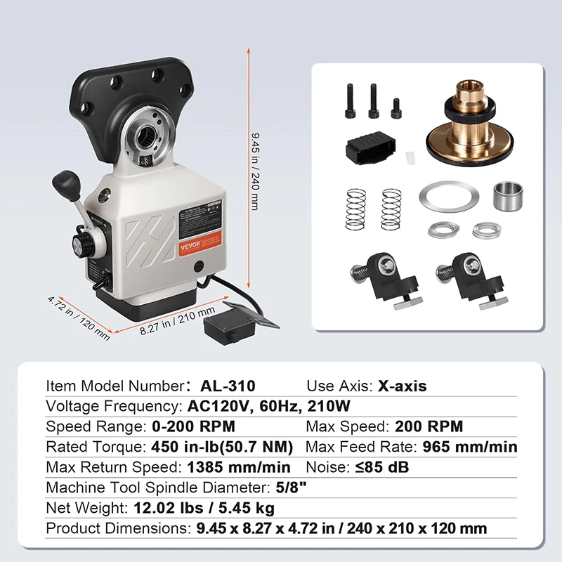 ALSGS AL-310S Power Feed X-Axis 450 in-lb Torque Power Feeder Milling Machine 0-200PRM 110V 220V for Bridgeport Similar Knee milling machine tools