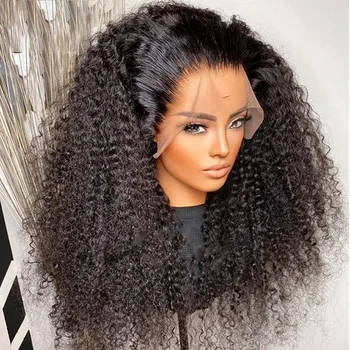 Preplucked Soft 180 Density 26 Inch Medium Long Black Kinky Curly Lace Front Wig with BabyHair