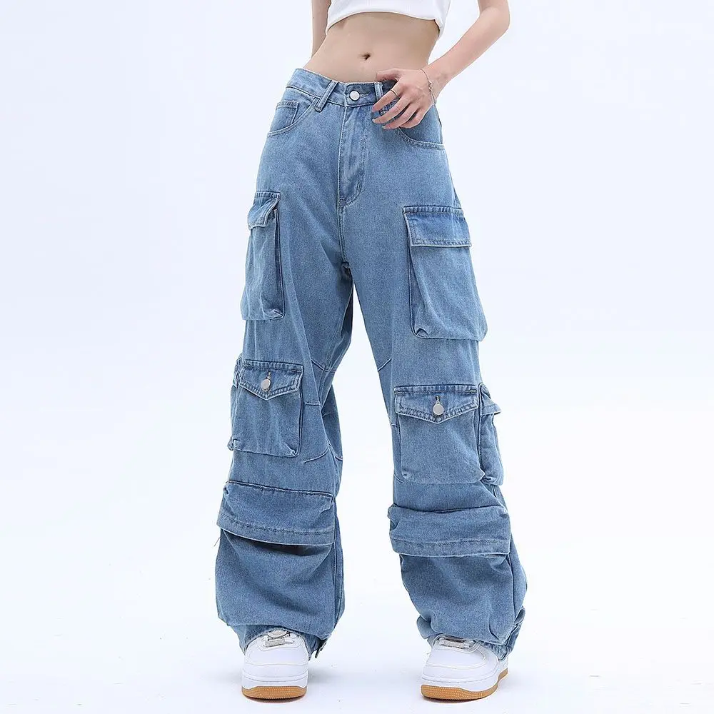 Pocket Solid Color Overalls Jeans Women's Y2K Street Retro Loose Wide-Leg Overalls Couple Casual Joker Mopping Jeans Pants Women