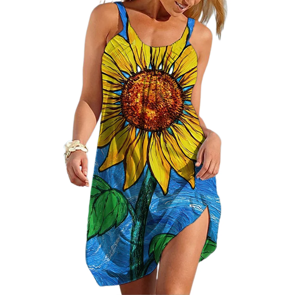 

Sunflower Print Midi Dress for Women Strap Beach Ladies Sexy Dress Bohemian 3D Printing Casual Sundress Female Beachwear Clothes