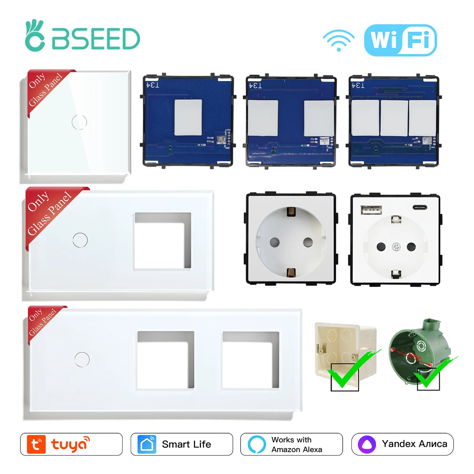 BSEED-interruptor Wifi de 1/2/3 entradas, enchufe doble de la UE, sin  Control de cristal, Alexa, Google Home, aplicación Tuya, 1/2/3 vías -  AliExpress