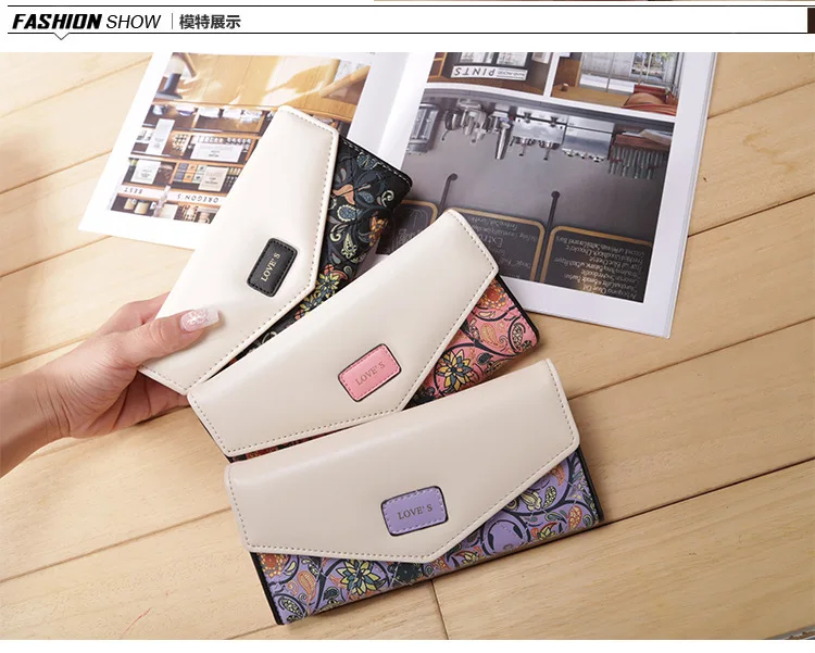 Women PU Leather Wallet Portable Practical Waterproof Floral Print Button Closure Handbag Card Holder Purses Storage Bags