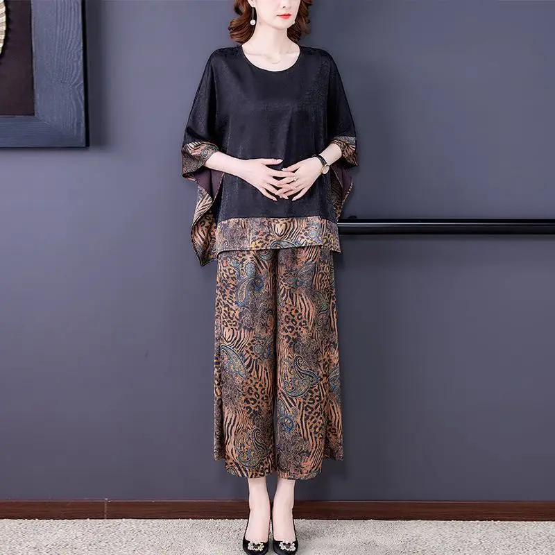 2023 New Summer Fashion Retro Elegant Temperament Round Neck Print Leisure Loose Vacation Party Oversized Women's Two Piece Set