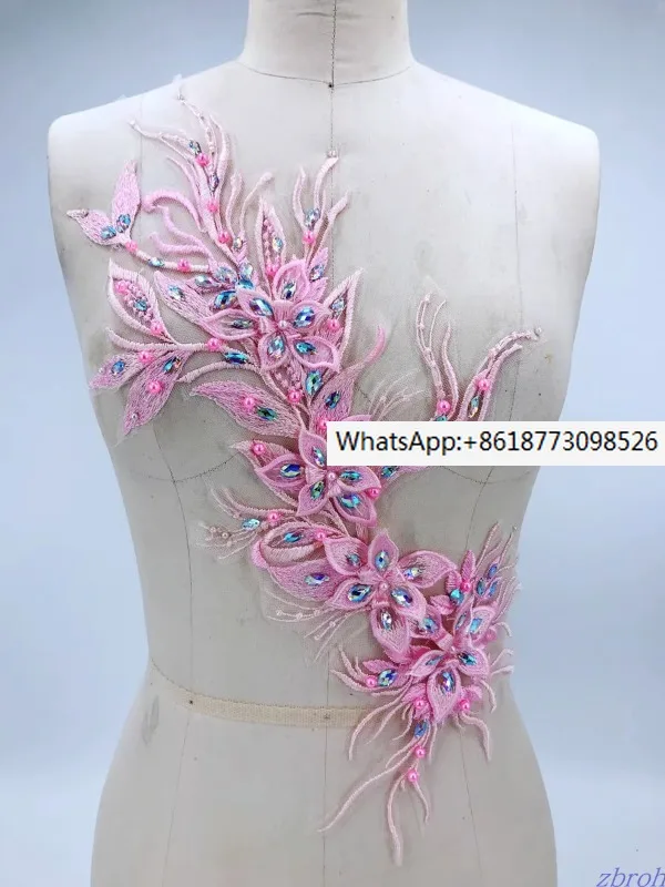 

New pure handmade pearl nail rhinestone pink three-dimensional lace applique wedding dress lace accessories clothing applique