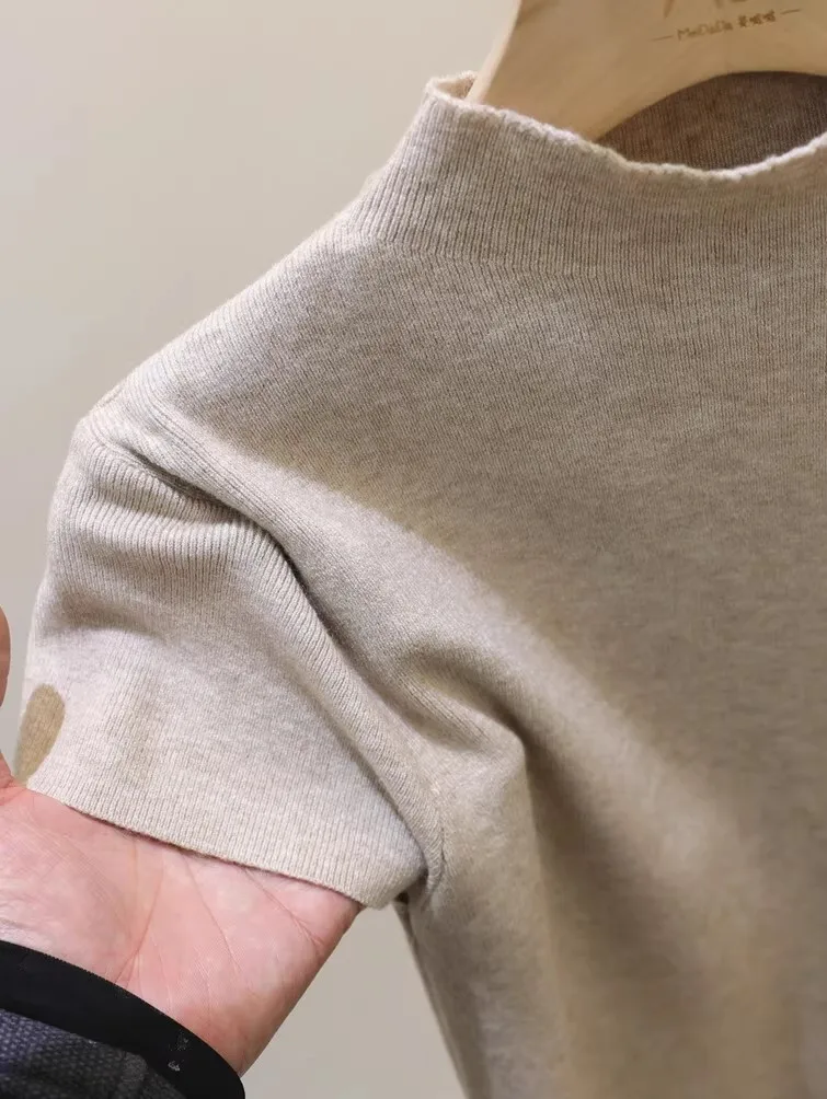 Half Turtleneck Short Sleeve Sweater Women, Solid Elegant Knitted Pullover, White Slim Tops
