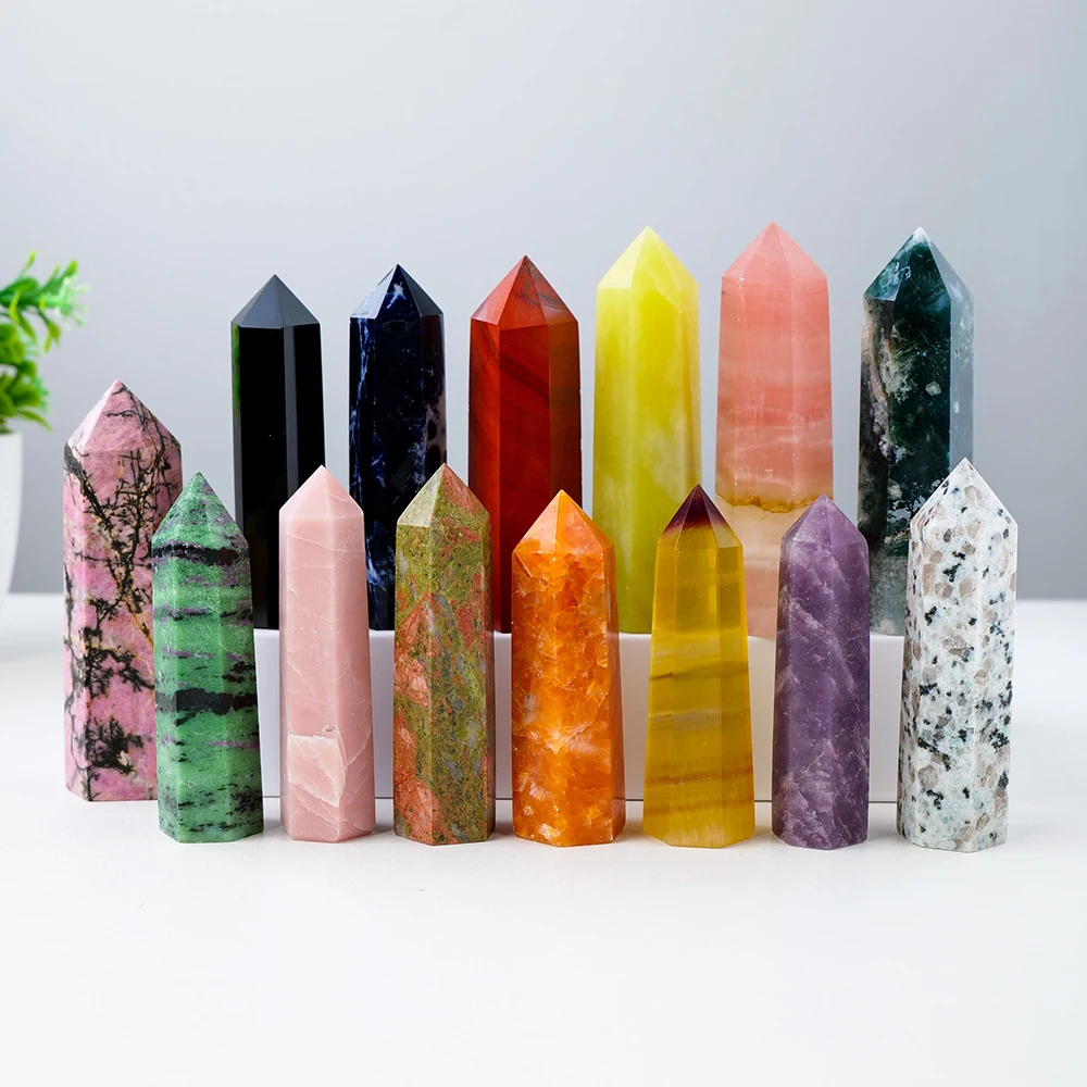 1pc Crystal Tower Point Wand Reiki Healing Stone Rose Quartz Amethyst Energy Ore Mineral Polished Crafts Home Decoration