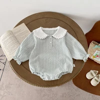 Ready Stock Newborn Jumpsuit Baby Girls Peter Pan Collar Drawstring Long Sleeves Elegant Check Romper 0-2yrs 1