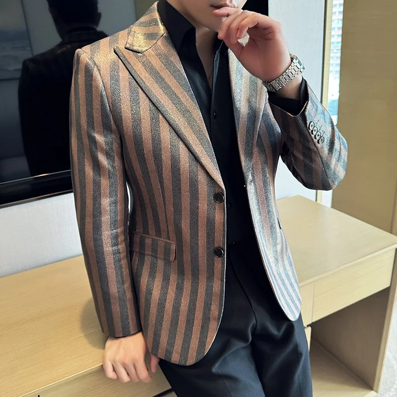 Striped Suede Suit Jacket Men Slim Fit Casual Business Blazers Korean Version Wedding Banquet Formal Jacket