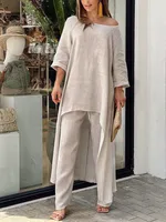 Ensemble pantalon Long en coton et lin pour femmes, mode solide, décontracté, hauts irréguliers, jambes larges, costumes de bureau, ensemble deux pièces, vêtements 2