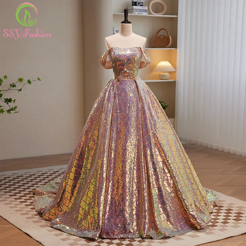 

SSYFashion New Luxury Champagne Pink Sequins Evening Dress for Women Boat Neck A-line Blingbling Sparkling Prom Party Gowns