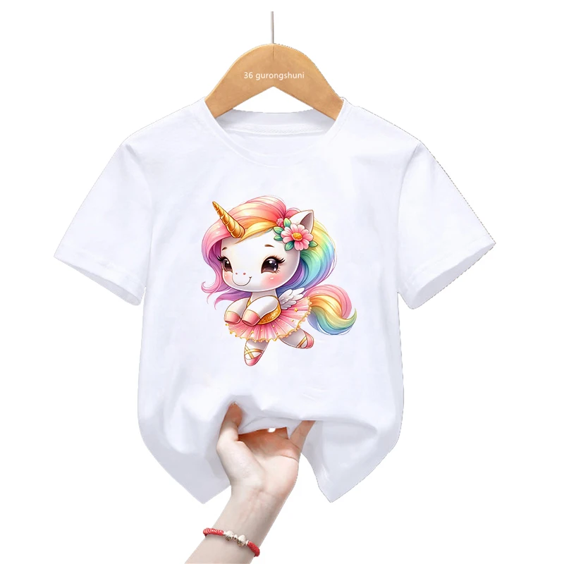 

Cute Dancing Rainbow Pony Print T Shirt For Girls Kawaii Unicorn Kids Clothes Summer Fashion Children'S Clothing T-Shirt