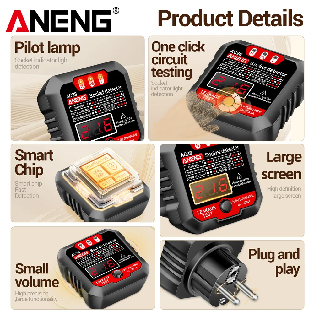 Digital Socket Power Tester ANENG AC28 Circuit Breaker Finder EU/US Plug 250V 50Hz/60Hz Socket Polarity Detector Voltage Tester