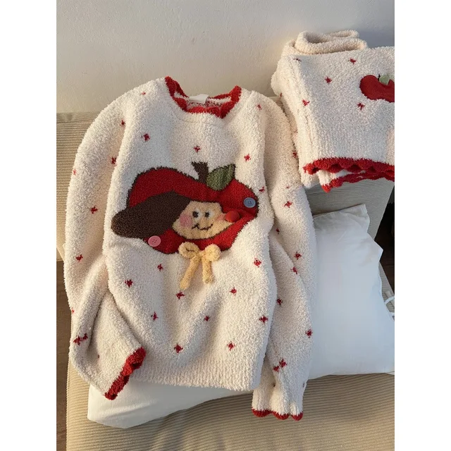 Soft Cute Apple Puppy Plush Pyjamas for Women Winter Thick Knitted Homewear Set for Women 2