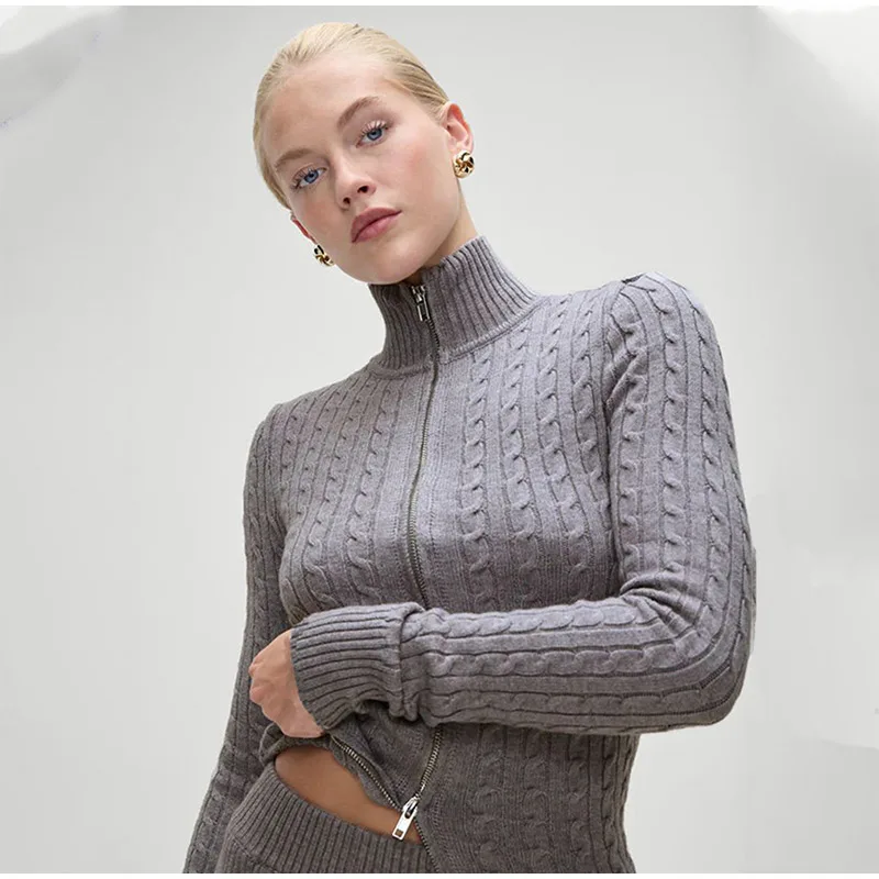 Casual Knitted Solid Zipper Sweater Woman Vintage Slim Fit Stand Collar Cardigan Sweaters Lady Autumn Versatile Street Knitwear