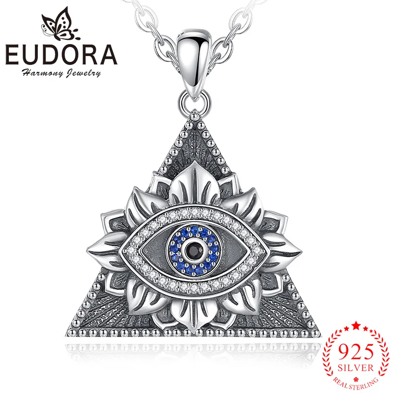 

Eudora 925 Sterling Silver Evil Eye Lotus Necklace inlay Zircon Vintage Triangle Pendant Personality Jewelry Gift for Women Man