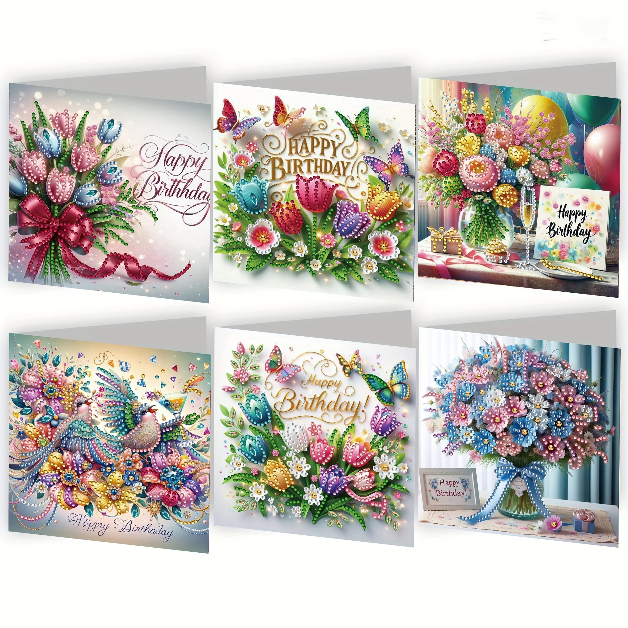 6-piece/set DIY diamond painting birthday card set, featuring unique flower, bird, and pattern designs, rhinestone diamond paint