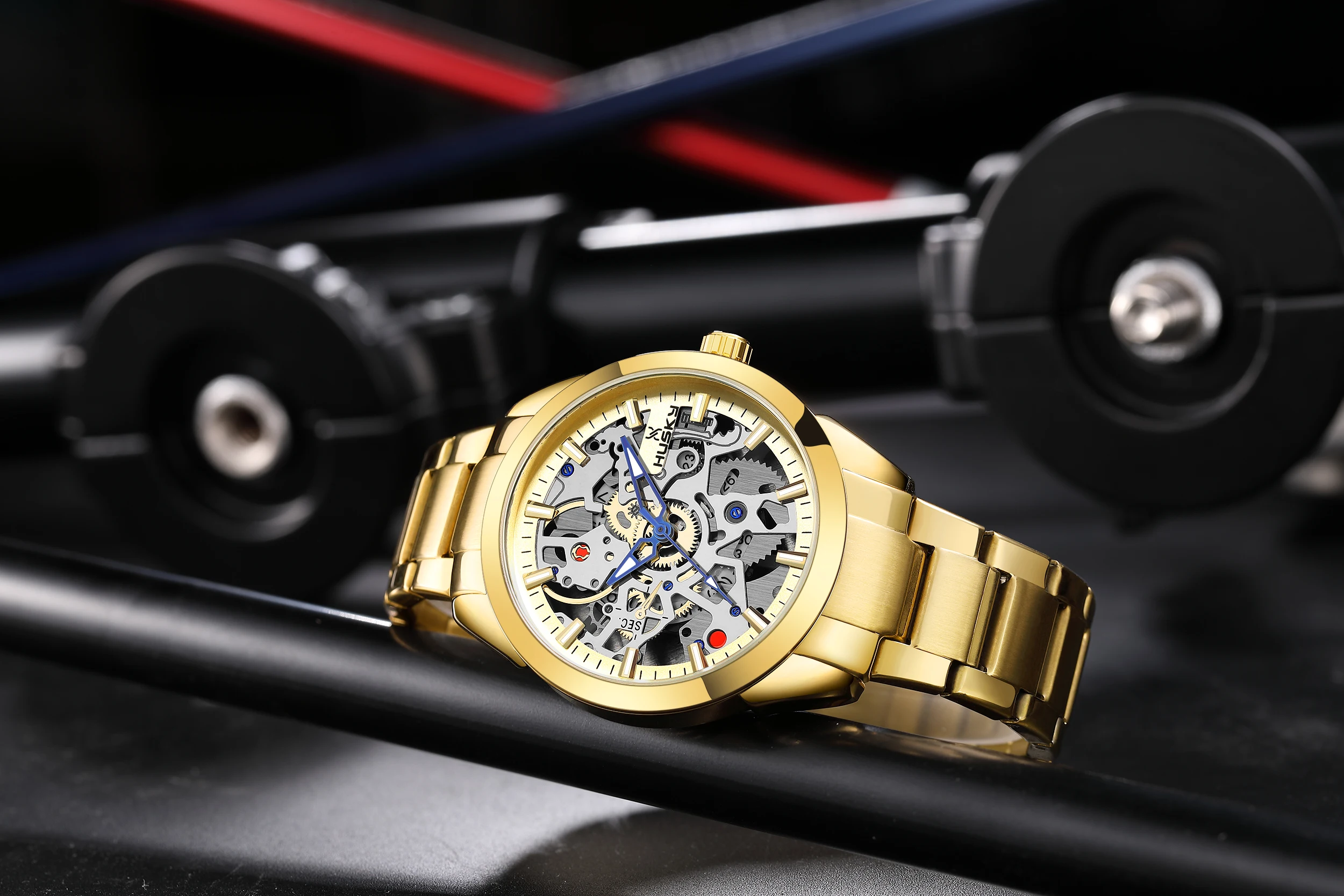 Luxury Gold Men Quartz Watches Men Fashion Stainless Steel Clock  Hollow Skeleton Watch Calendar 2023