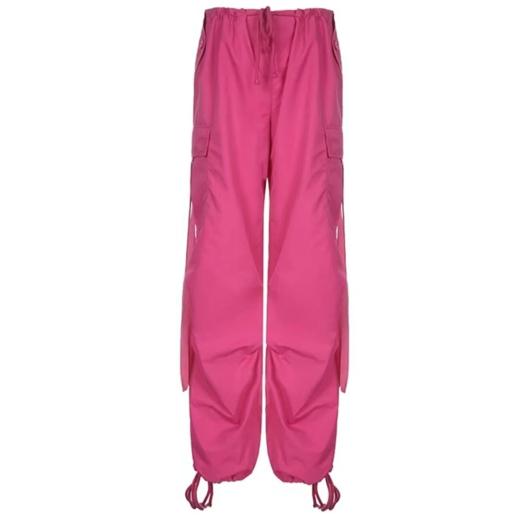 Korean Style Women Drawstring Pocket Design Cargo Pants Female Ribbon Decor Buckle Cuffed Wide Leg Pants Fashion Streetwear