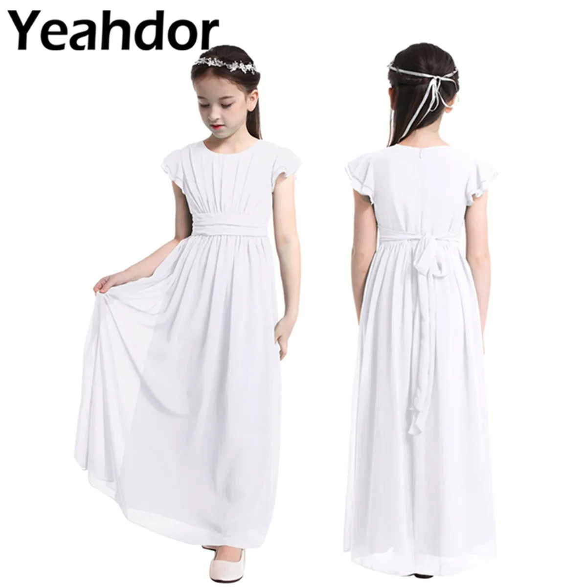 Girls Chiffon Flutter Sleeves Flower Girl Dress Pageant Wedding Birthday Party Long Dress First Communion Party Princess flower girl dresses floral appliqu&eacute; dress girls dresses