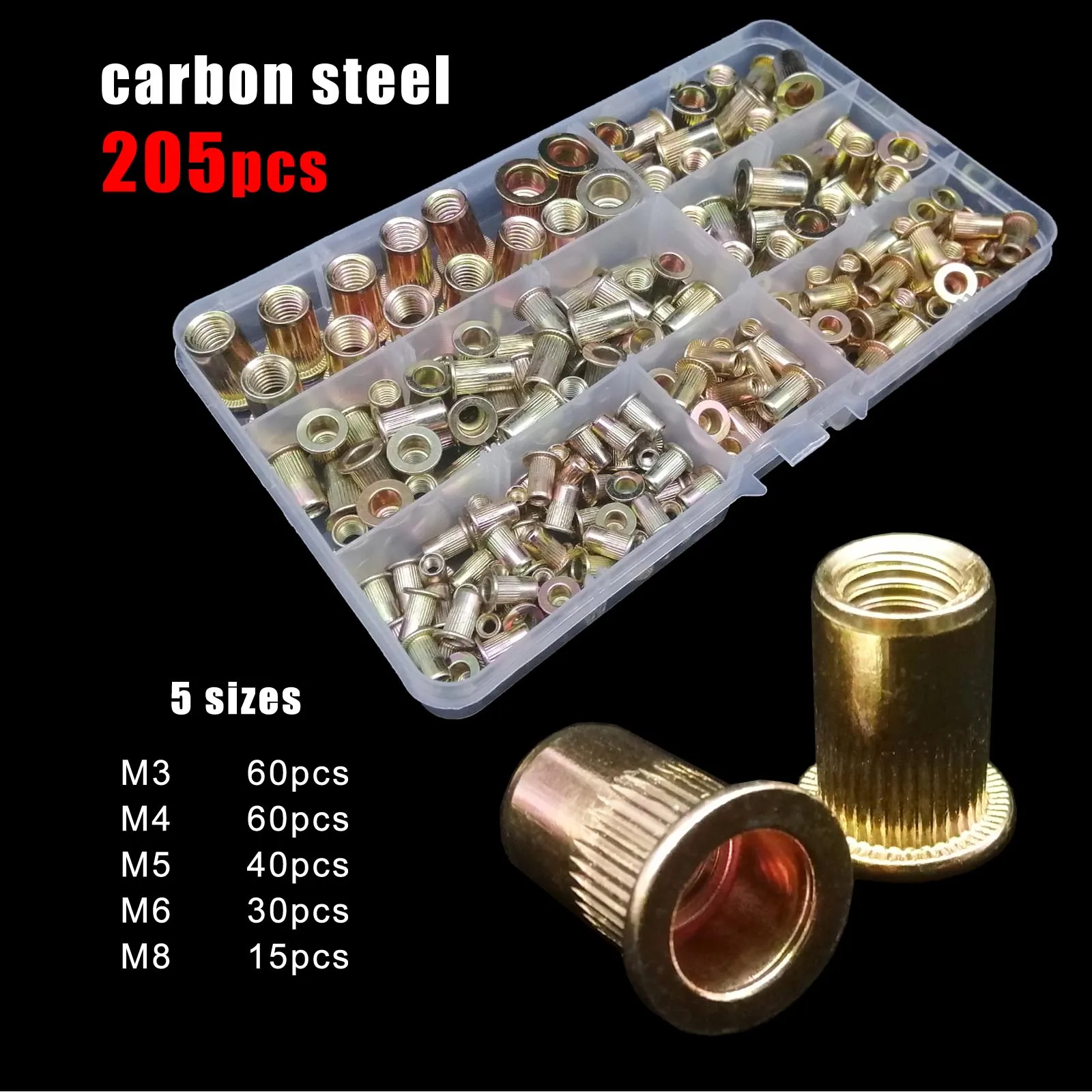 Mix Size 304 Stainless Steel Aluminum Carbon Steel Flat Head Rivet Nut Insert Rivnut Nutsert Set Kit 70/205/402pc M3 M4 M5 M6 M8 rivet nut
