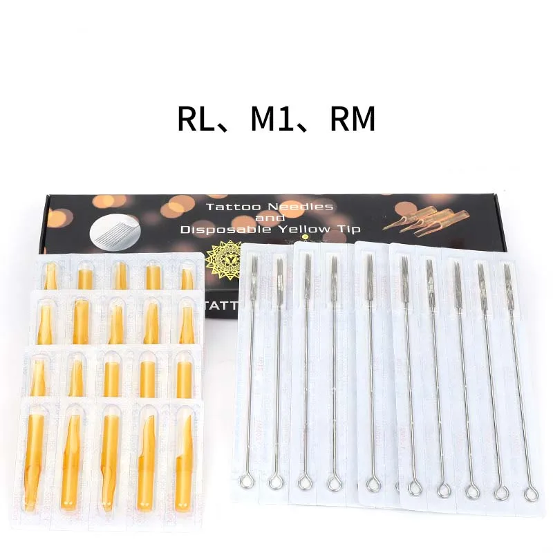 Tattoo Needles and Tips Set 20pcs Disposable Tattoo Needles & 20pcsYellow Tips Tubes for Machine Grip Tubes