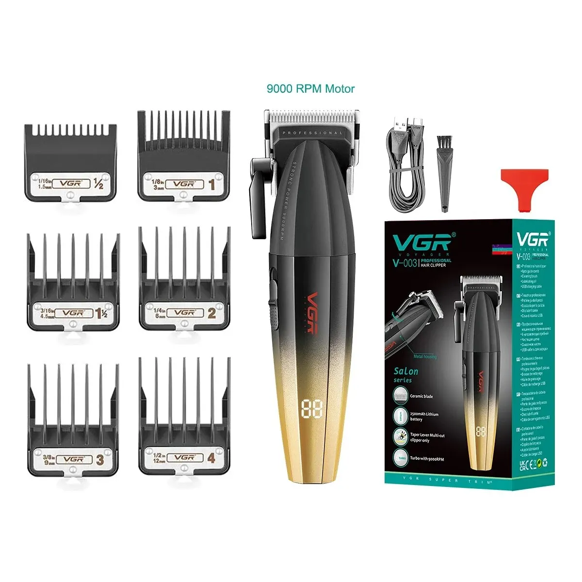 VGR Hair Clipper Professional Hair Trimmer Electric Clippers Cordless Cutting Machine 9000RPM Trimmer Clipper for Men V-003