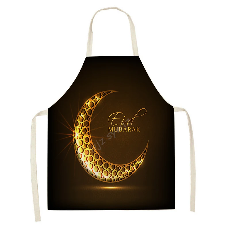 Muslim Eid Mubarak Printed Kitchen Apron Women's Ramadan Home Cooking Baking Star and Crescent Pattern Linen Bib Decoration