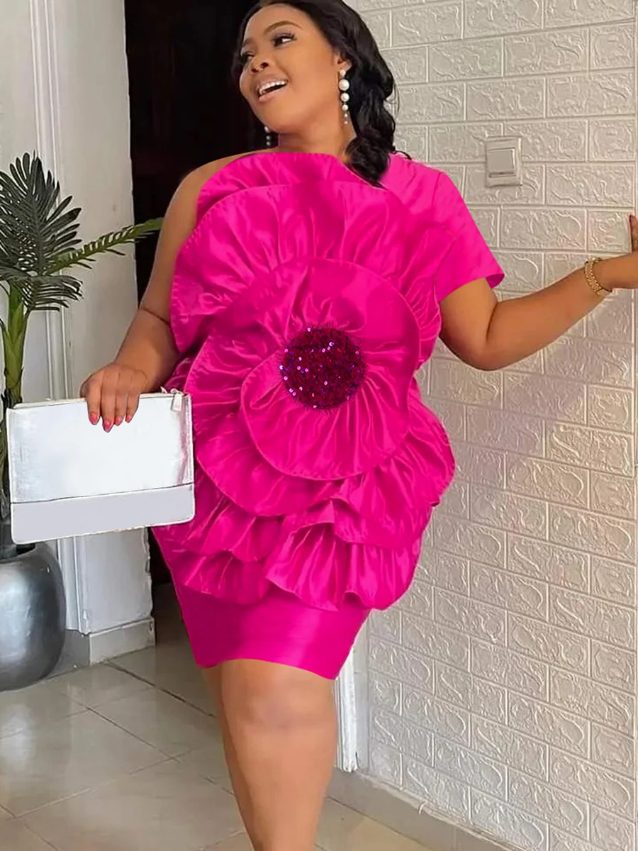 

Szkzk Cascading Three-dimensional Flower Sequin Spliced One Shoulder Dress Women Evening Gowns And Birthday Party Midi Dresses