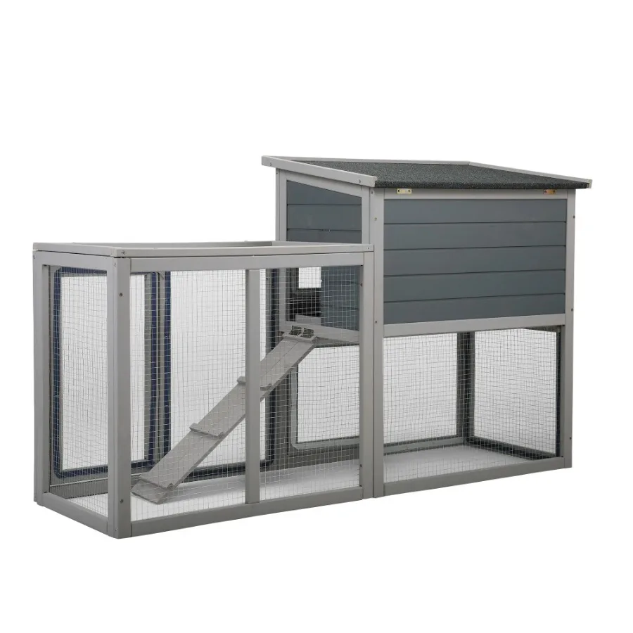 Wooden Rabbit Hutch Chicken Coop Removable Tray 3 Lockable Doors Indoor Outdoor Gray White