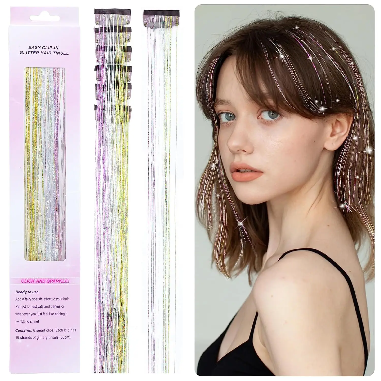 42 inch tinsel hair extension sparkling shiny hair colorful synthetic kit hairpiece tinsel glitter strands in braiders for women 6pcs Clip In Hair Tinsel For Women Girls Heat Resistant Fairy Hair Tinsel Kit, Champagne Tinsel Clips Hair Accessories, Sparkli