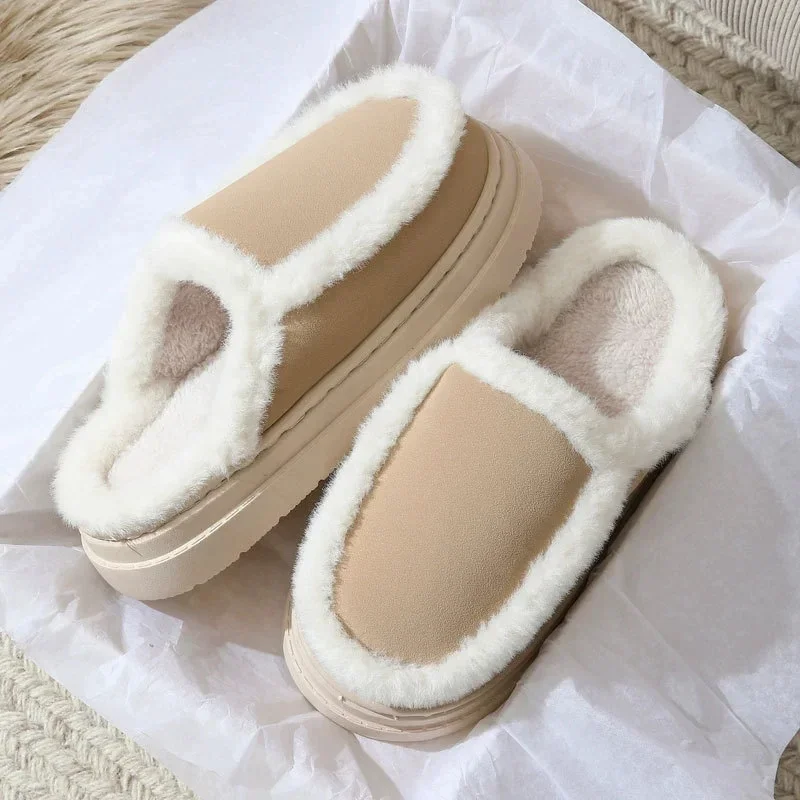 Faux Suede Fluffy Warm Women's Home Slippers Plus Size Non Slip Fur Slippers Woman Platform Indoor Bedroom Plush Slides Ladies