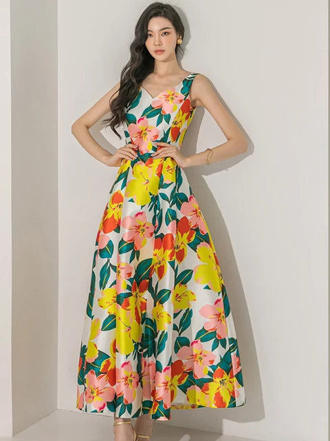 High Quality New Korean Sleeveless Elegant V Neck Big Swing Office Dress  Women Summer Simple Print Long Dresses Casual Party - AliExpress