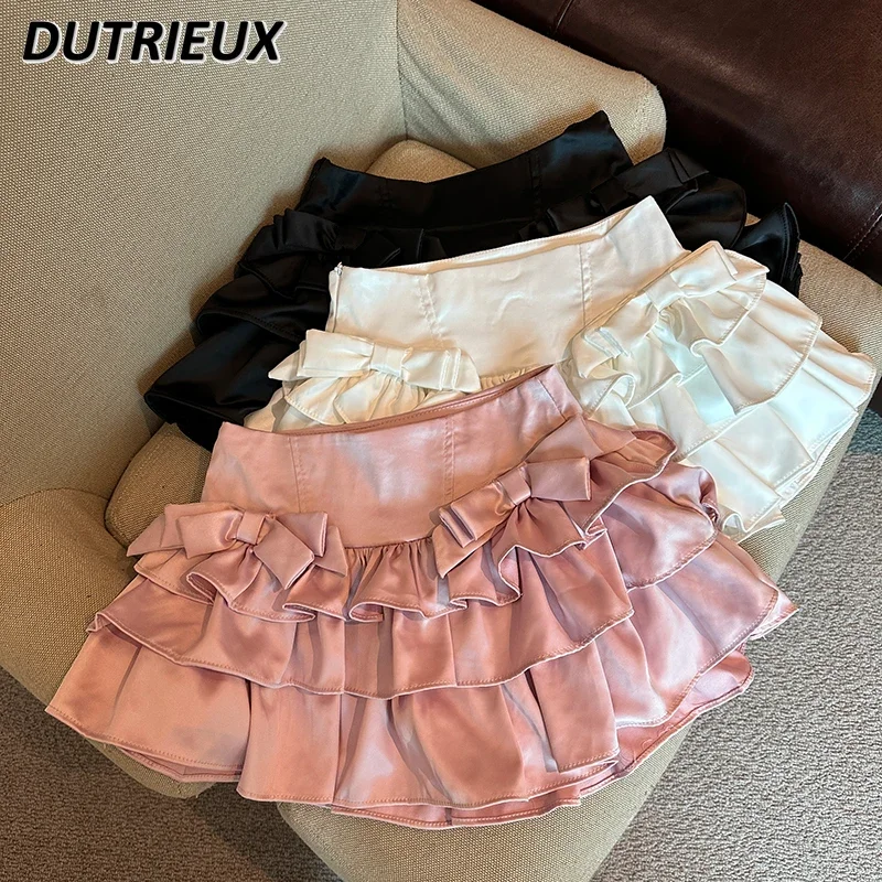 Sweet Hot Girl Solid Color All-matching Short Pantskirt Women's Summer Sweet Cute Skirts Bow Puffy Cake A- Line Mini Skirt