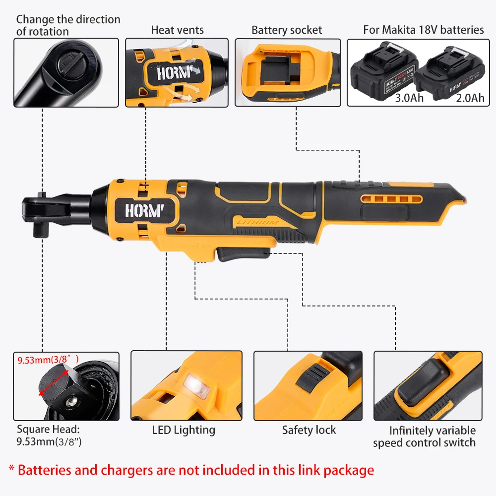 50N.m Cordless Electric Ratchet Wrench 3/8 Inch Angle Drill Screwdriver Removal Screw Nut Car Repair Tool For Makita 18V Battery 2