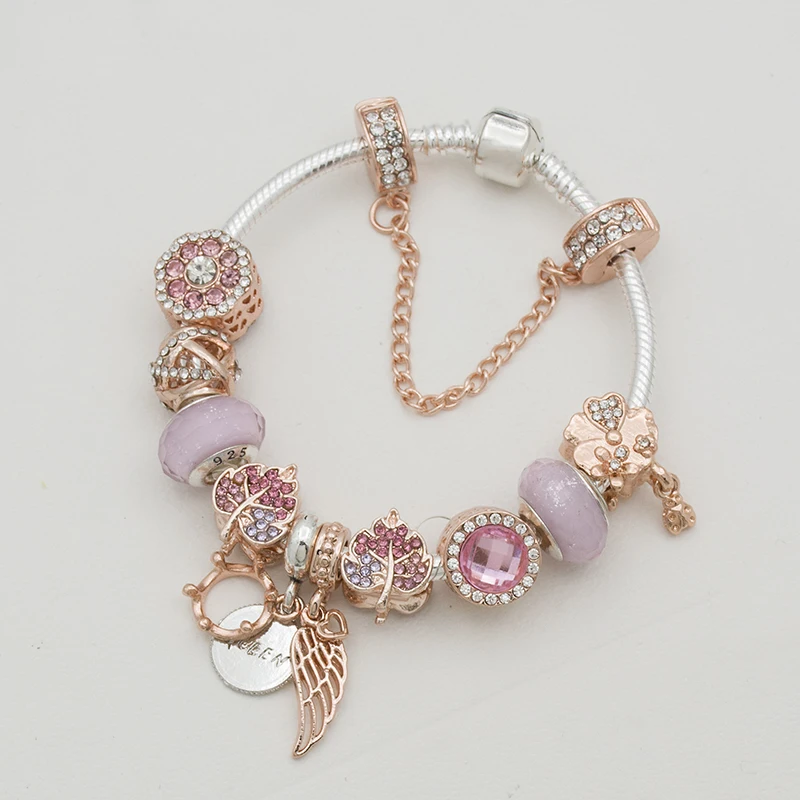 

New design Rose gold charm beads women bracelet crown pendant bracelet set for girls jewelry Christmas gift free shipping
