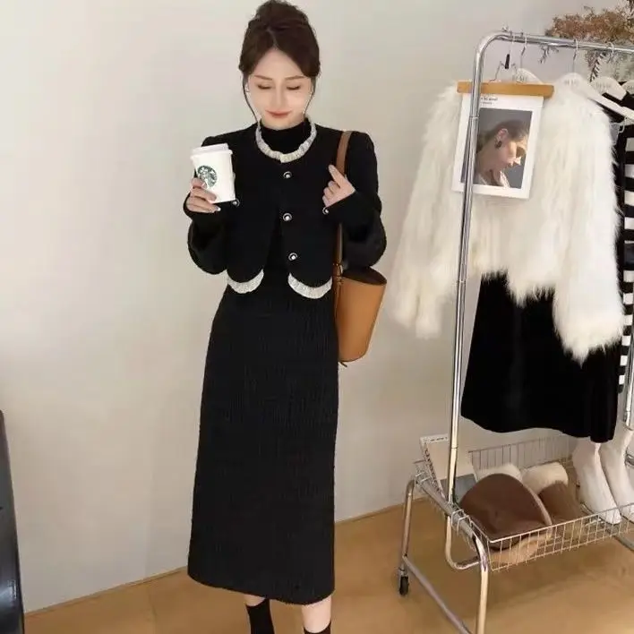 

2023 New Autumn and Winter Elegant Women's Suit Jacket Skirt Office Lady Fashion Korean Style Suit Top Long Skirt Two-piece Set