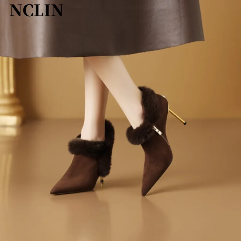 

20234 Autumn Sheep Suede Fashion Boots Pointed Toe Ankle Boots for Women Winter Genuine Leather High Heel Boots Zapatos De Mujer
