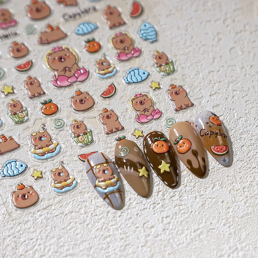 Lovely Cartoon Capybara Fish Watermelo 5D Soft Embossed Reliefs Self Adhesive Nail Art Stickers Cute Hamster 3D Manicure Decals