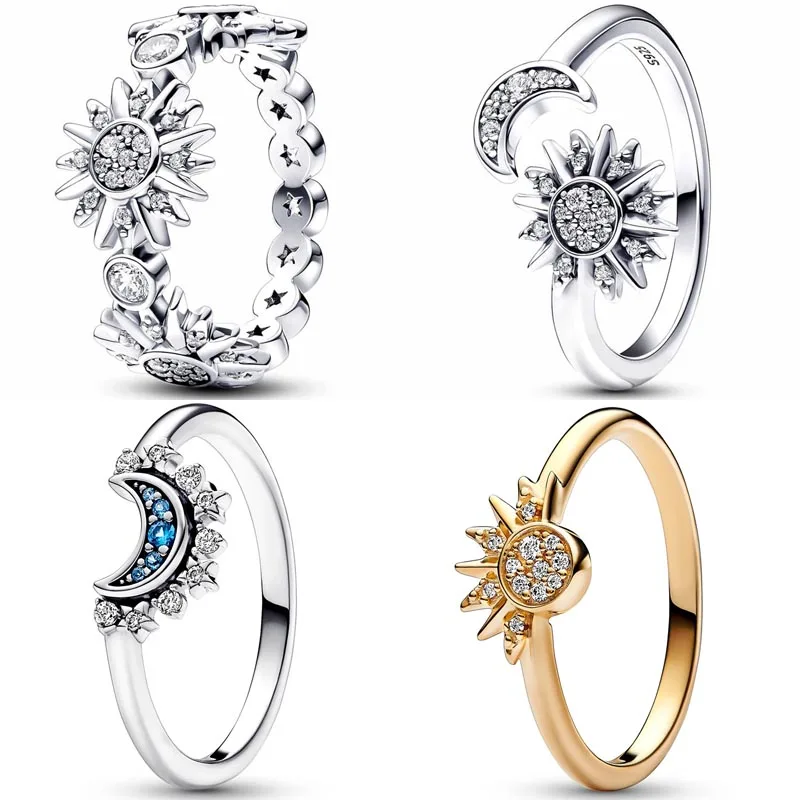 

Authentic 925 Sterling Silver Crescent Moon Sparkling Sun Open With Crystal Ring For Women Gift Fashion Jewelry