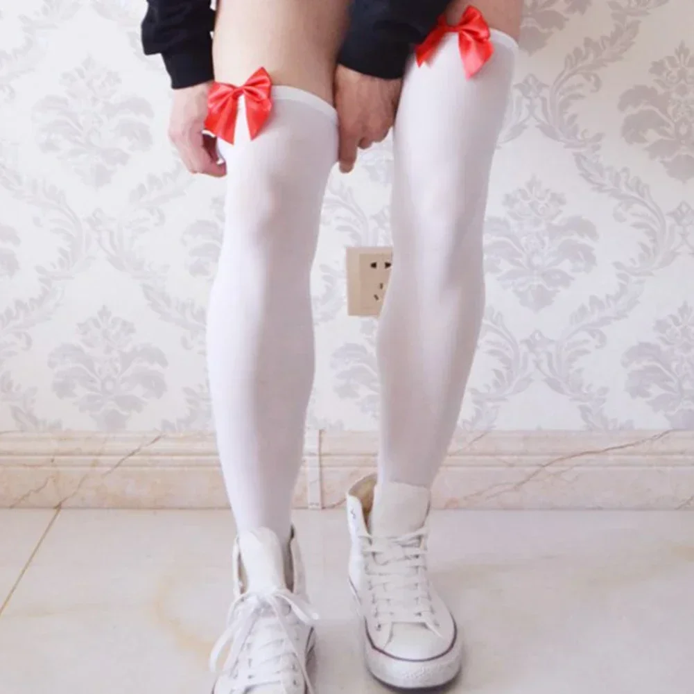 Men Sissy High Stockings Elastic Thigh Sport Training Pantyhose Over Knee Bowknot Socks Gay Man Dance Clubwear Erotic Lingerie