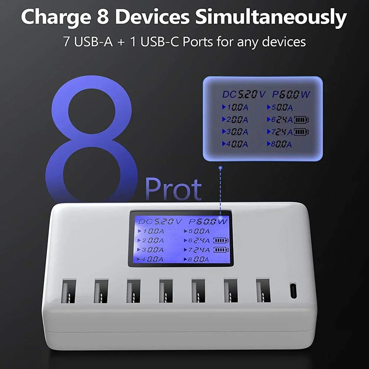 Eight-Port USB Charging Station, 60W Multi-Device Charger with LCD Display