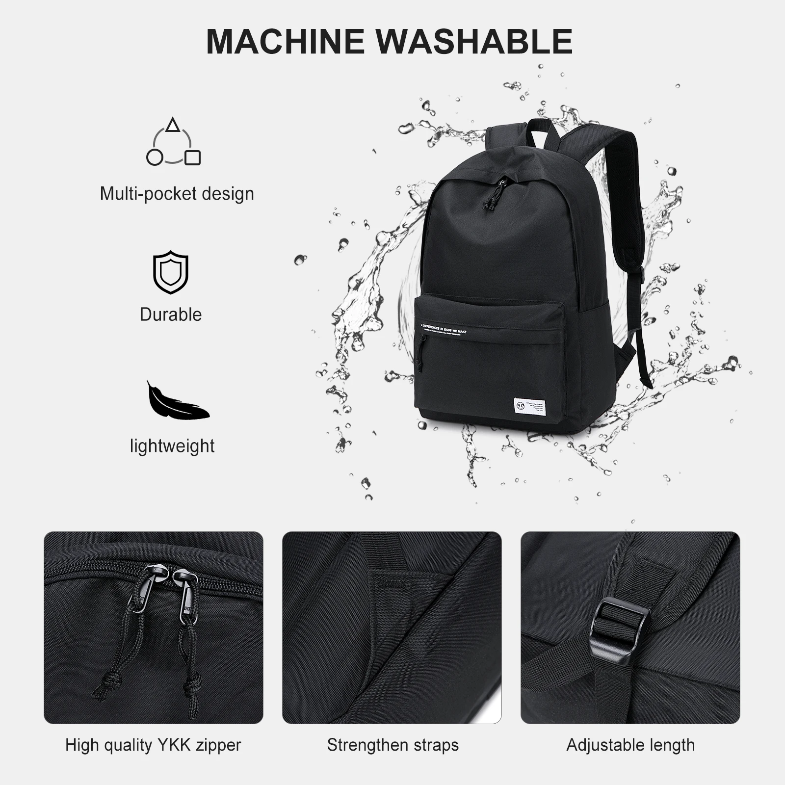 Large Capacity School Backpack for Girls Boys Nylon Lightweight Student Backpack School Bag, Black Classic Style Laptop Backpack