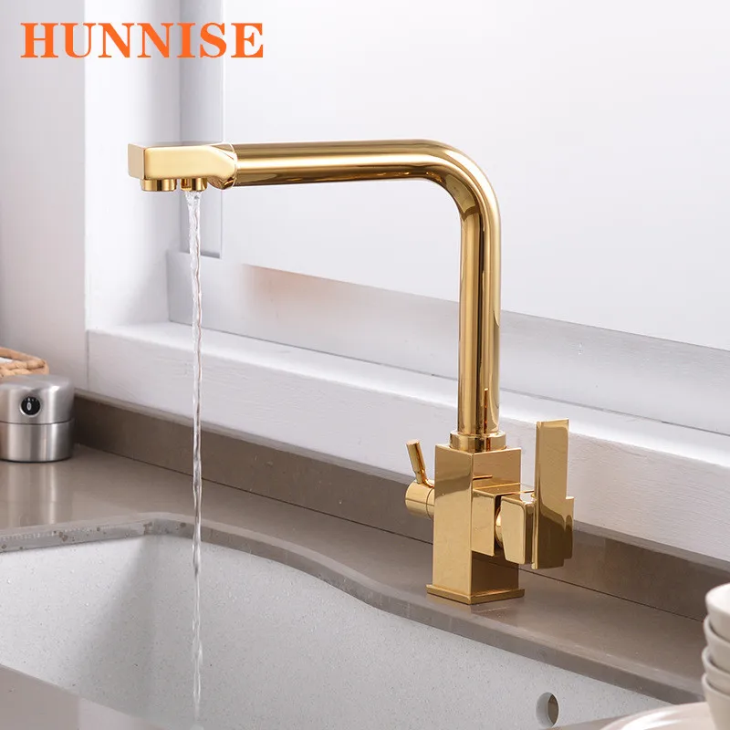 Pure Filter Kitchen Mixer Faucets Quality Brass Rotation Hot Cold Kitchen Sink Mixer Tap Dual Handle Gold Filter Kitchen Faucet